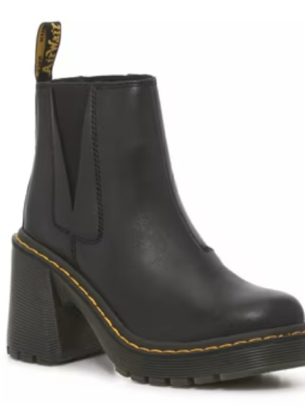 Dr. Martens Black Leather Platform Chelsea Boot with Yellow Stitching